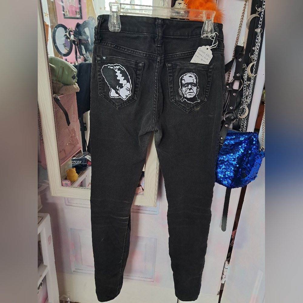 Blackheart Custom Black Skinny Jeans- Frankenstein & Bride Patches